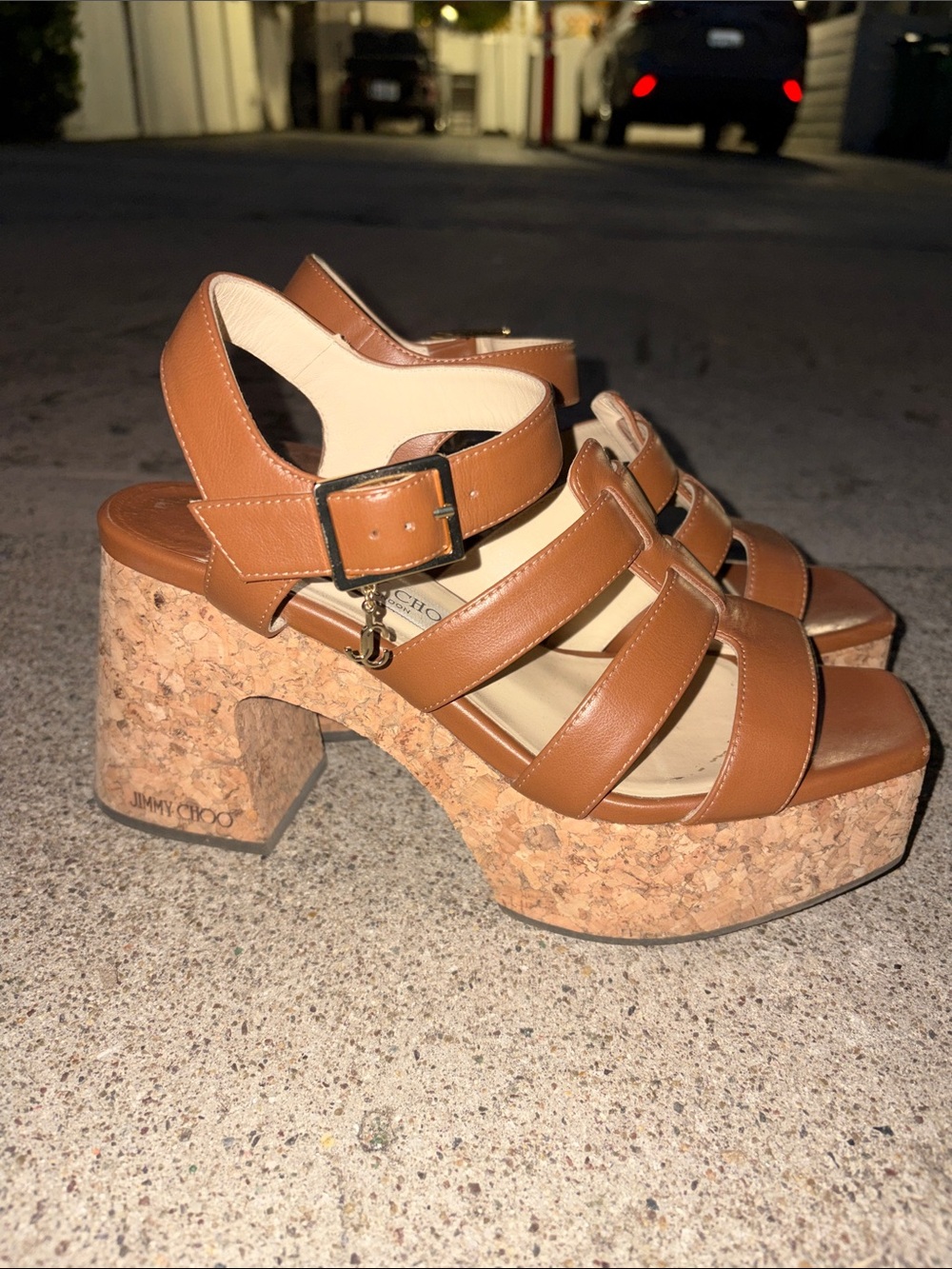 Jimmy Choo Tan Leather Cork Platform Sandals